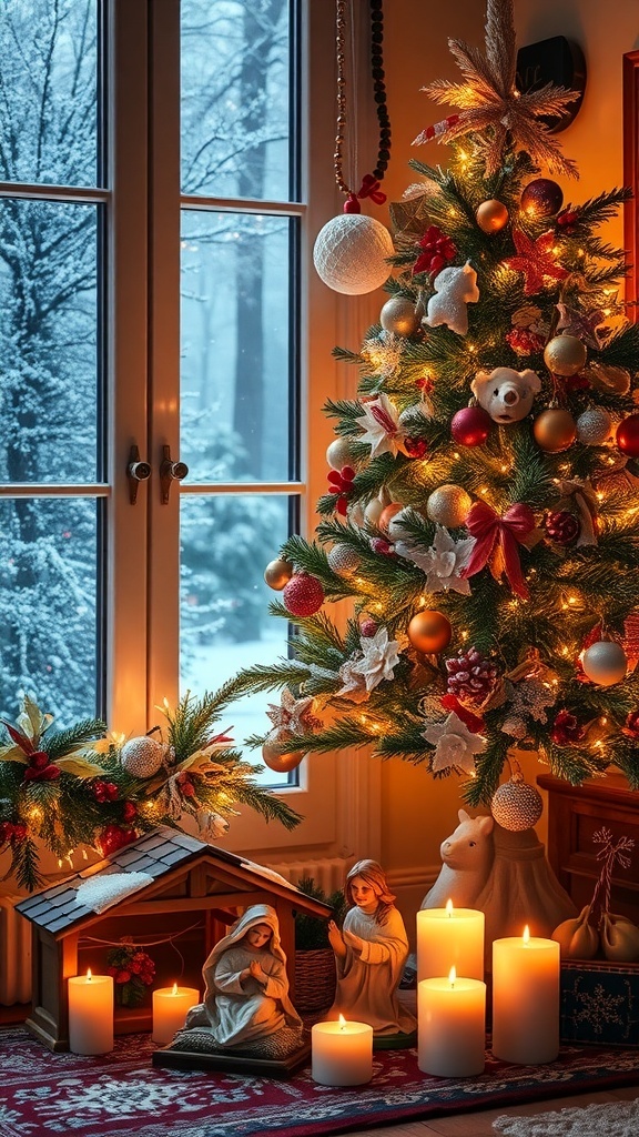 Aesthetic Christmas scene with a nativity set, decorated tree, and candles.